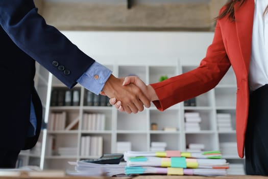 Handshake, contract deal and business partnership of meeting with shaking hands. Networking, hiring and professional negotiation of onboarding collaboration and congratulations of project.