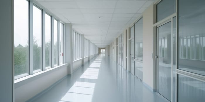 Hospital corridor with windows, in the style of bokeh, light gray, bauhaus, light white, skillful. Generative AI image weber.