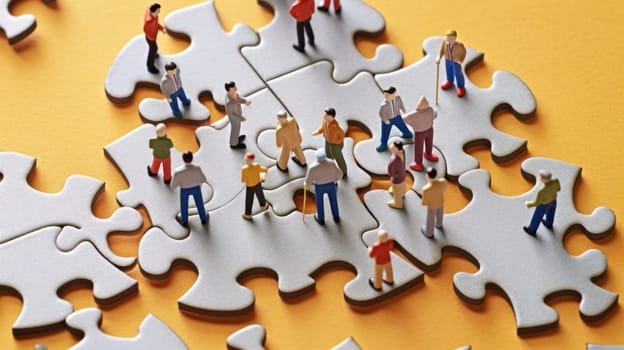 Miniature business people connecting many puzzle, top view, concept of teamwork. Generative AI image weber.