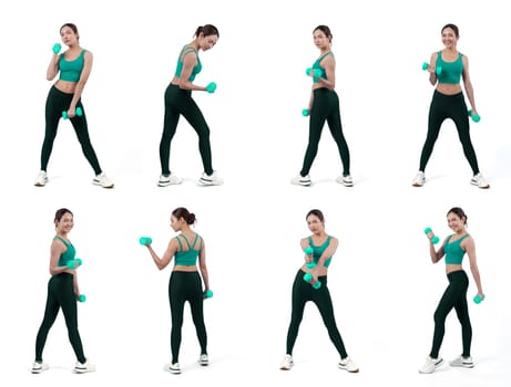 Collection of body weight workout training with light dumbbell for athletic woman in different various exercise posing sequence in full body studio shot on isolated background. Vigorous