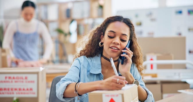 Business, phone call and woman writing, delivery and order with distribution, inventory and connection. Person, employee and professional with a smartphone, communication and shipment with network.