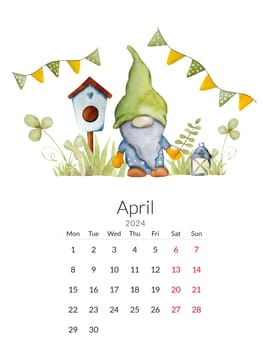April 2024 calendar template. Handmade watercolor - forest drawing with a gnome and a birdhouse