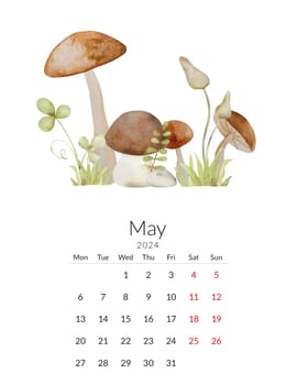 May 2024 calendar template. Handmade watercolor - forest drawing with mushrooms and leaves