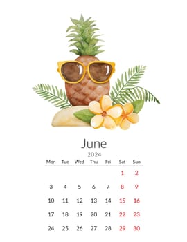 June 2024 calendar template. Handmade watercolor - tropical illustration with pineapple in glasses and tropical leaves