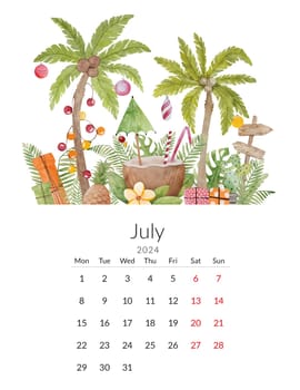 July 2024 calendar template. Handmade watercolor - tropical illustration with palm trees and coconut cocktail