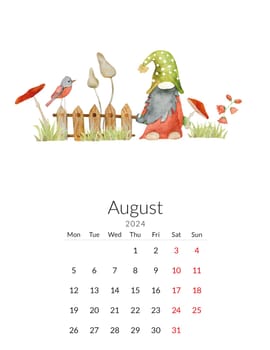 August 2024 calendar template. Handmade watercolor - forest drawing with a gnome and a mushrooms