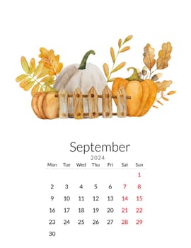 September 2024 calendar template. Handmade watercolor - autumn illustration with pumpkins