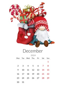 December 2024 calendar template. Handmade watercolor - Christmas gnome with a gift bag