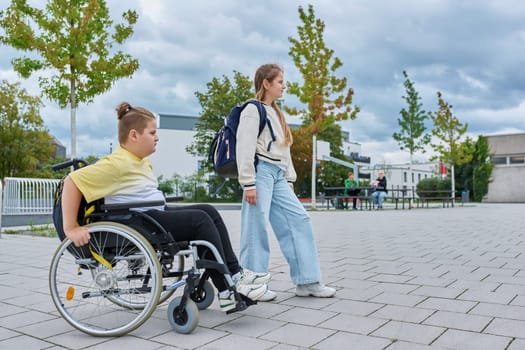 Children classmates going to school together, boy in wheelchair, girl with backpack. Education, friendship communication, school, disability, inclusiveness concept