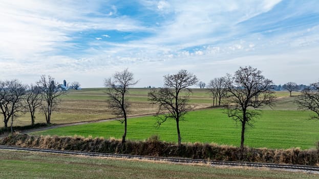 Lush green fields stretch across the landscape, bordered by bare trees. A serene road meanders through the countryside beneath a vast blue sky, highlighting the tranquility of rural life.