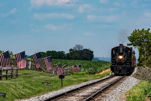 A classic steam train moves along the tracks in lush green countryside. American flags line the pathway, adding color to the bright blue sky and warm sunlight.