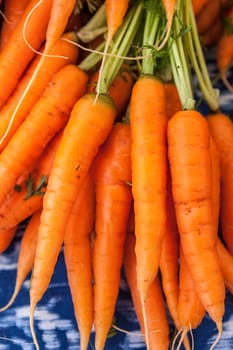 A close up display of fresh carrots on display.