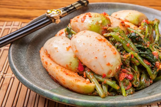 A close up of radish kimchi which is a common dish in South Korea.