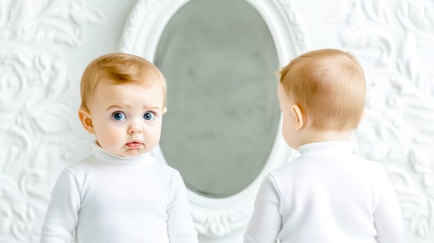 Two identical twin babies are standing in front of an elegant oval mirror, wearing matching white turtlenecks, exploring the concept of self recognition and reflection in a bright, white room