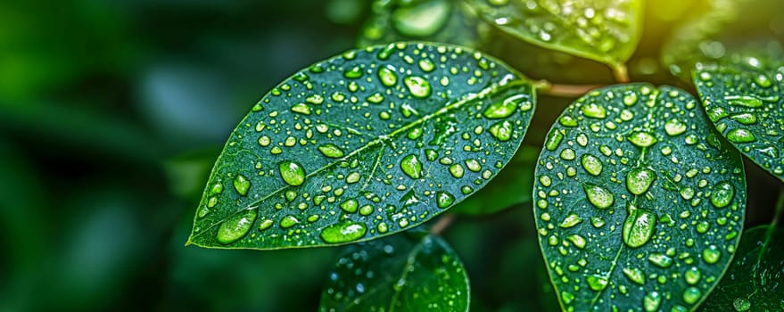 Macro photography of fresh green leaves with raindrops, representing the natural harmony of the surrounding flora. AI generated.