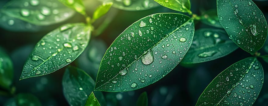Macro photography of fresh green leaves with raindrops, representing the natural harmony of the surrounding flora. AI generated.