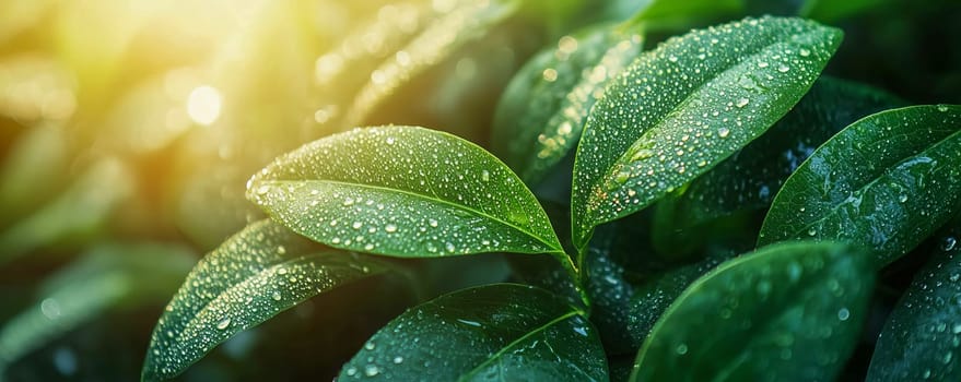 Macro photography of fresh green leaves with raindrops, representing the natural harmony of the surrounding flora. AI generated.
