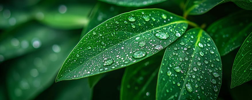 Macro photography of fresh green leaves with raindrops, representing the natural harmony of the surrounding flora. AI generated.