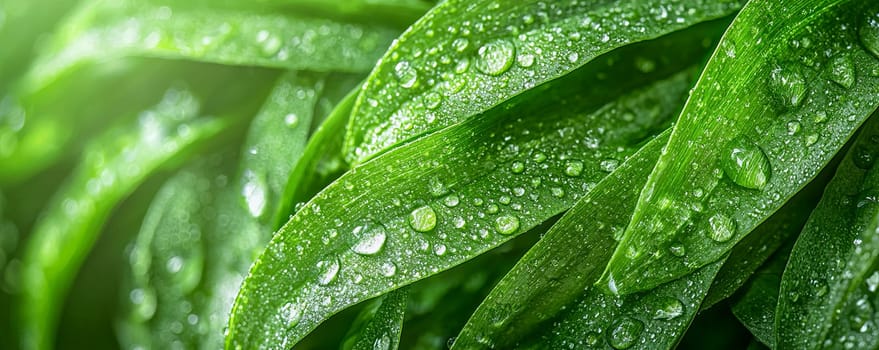Macro photography of fresh green leaves with raindrops, representing the natural harmony of the surrounding flora. AI generated.