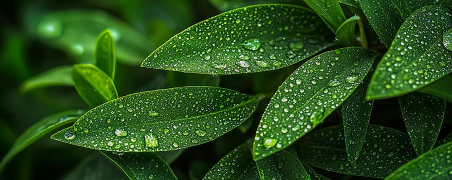 Macro photography of fresh green leaves with raindrops, representing the natural harmony of the surrounding flora. AI generated.