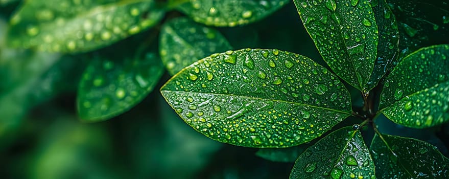 Macro photography of fresh green leaves with raindrops, representing the natural harmony of the surrounding flora. AI generated.