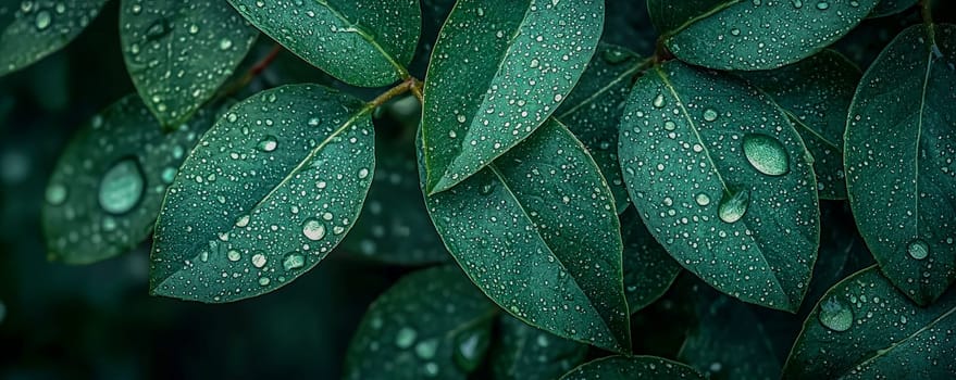 Macro photography of fresh green leaves with raindrops, representing the natural harmony of the surrounding flora. AI generated.