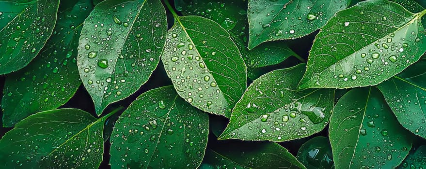Macro photography of fresh green leaves with raindrops, representing the natural harmony of the surrounding flora. AI generated.