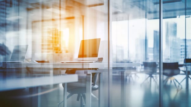 Sunlight streams through glass windows of a contemporary office, highlighting a laptop on a sleek desk, with a vibrant city backdrop in the late afternoon - Generative AI