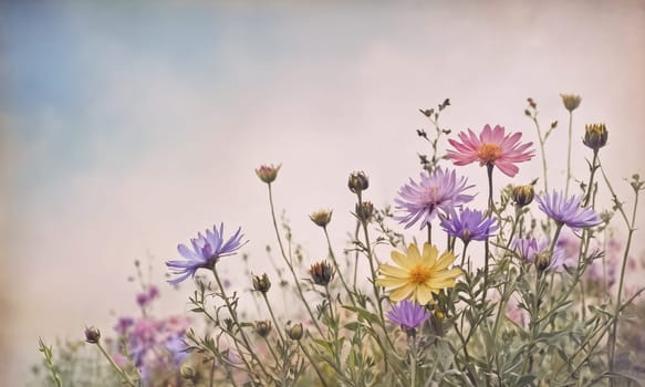 Vintage illustration of a vibrant array of wildflowers showcases shades of purple, pink, and yellow, framed by a calm pastel sky in the background, creating a tranquil atmosphere - Generative AI