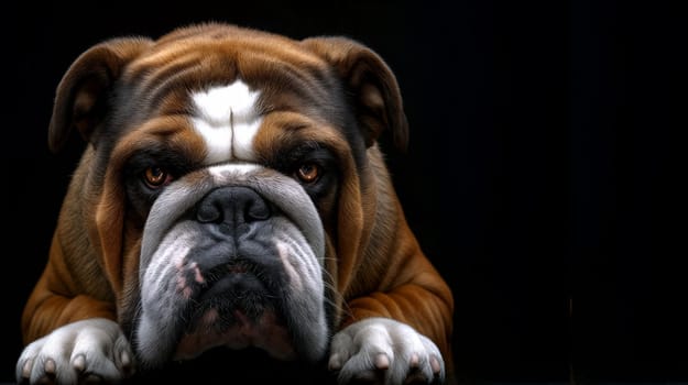A bulldog is resting with its paws stretched out, looking forward with a serious expression against a black background, highlighting its features - Generative AI