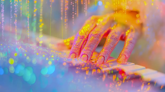Bright, colorful lights surround a person hand as they skillfully play the piano, creating an enchanting atmosphere during a lively musical performance - Generative AI