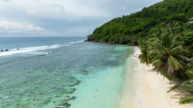 A calm bay with crystal-clear waters surrounded by dense forest and a pristine sandy shore. Mahe, Seychelles.