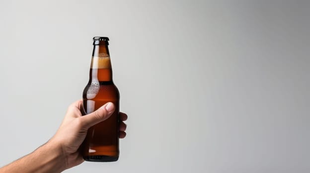 A hand is prominently holding a brown beer bottle with a black cap against a clean, white background. The bottle is a standard size, making it perfect for enjoying your favorite beer.