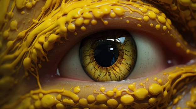 This is a close-up photo of a womans golden brown eye. The woman has yellow face paint on her face. The eye is looking at the camera. The image is taken in a studio with controlled lighting.