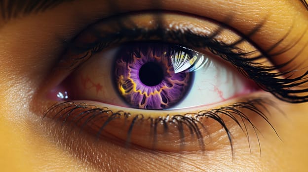 A macro shot of a womans eye with a purple iris and black lashes. The eye is looking directly at the camera. The image is taken in a studio with a controlled lighting environment.