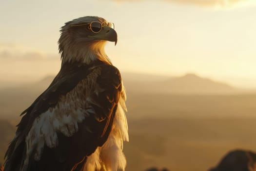 Witness a majestic eagle in stylish sunglasses, embodying the spirit of exploration during a vibrant summer sunset. Ideal for adventure themes.