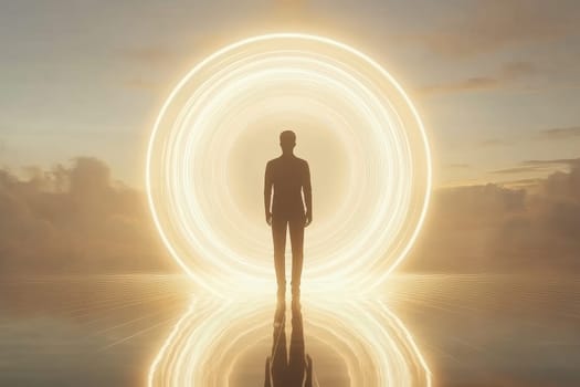 A silhouette of a life coach stands before a radiant geometric backdrop, symbolizing inspiration, empowerment, and the journey towards personal growth and success.