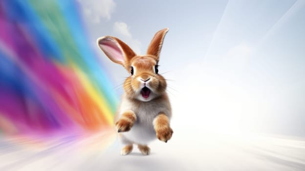 A fluffy white bunny joyfully leaps on white clouds under the bright sun, capturing natures beauty and the bunnys innocence, bringing joy and wonder.