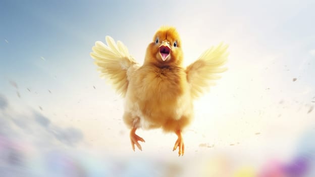 Vibrant chicken flying with colorful rainbow feathers in the sky on bright background.