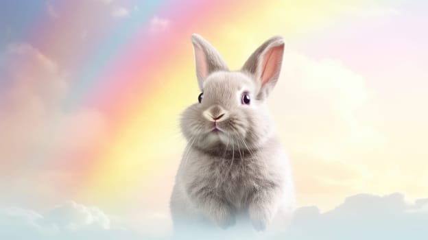 A fluffy white bunny joyfully leaps on white clouds under the bright sun, capturing natures beauty and the bunnys innocence, bringing joy and wonder.