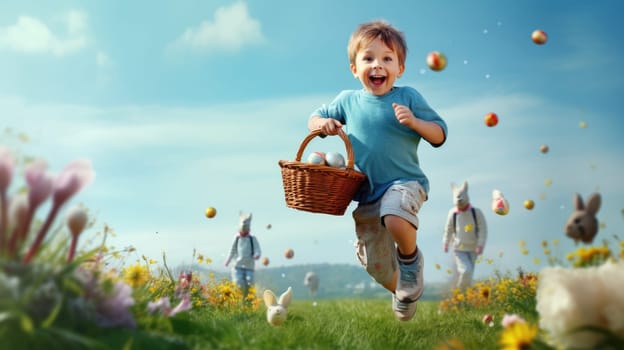 Boy Running with Easter Basket on Green Grass Field with Colorful Eggs.