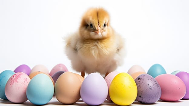 An adorable fluffy yellow baby chick stands in front of a pile of colorful Easter eggs. The chick is looking at the camera with a curious expression. It is isolated on a white background.