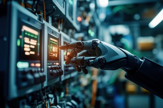A detailed close-up view of a robotic hand skillfully adjusting smart energy controls in an industrial setting, showcasing advanced technology and innovation in automation.