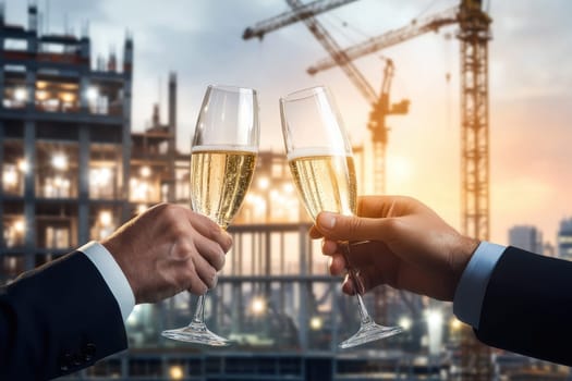 Two people in suits celebrate with champagne glasses during sunset at a construction site. The image captures a moment of joy and connection in a professional setting.