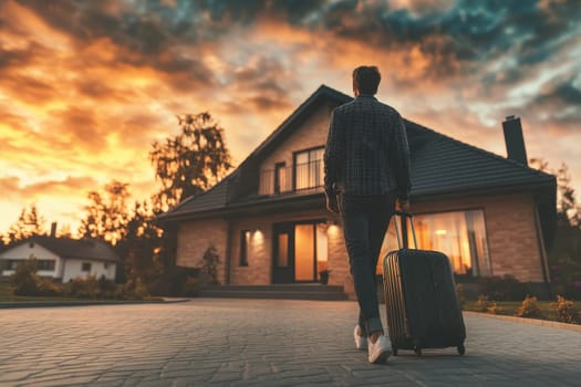 A traveler carries a suitcase while walking towards a warmly lit home during a stunning sunset. The scene captures a moment of reflection and adventure, embodying a sense of freedom and journey.