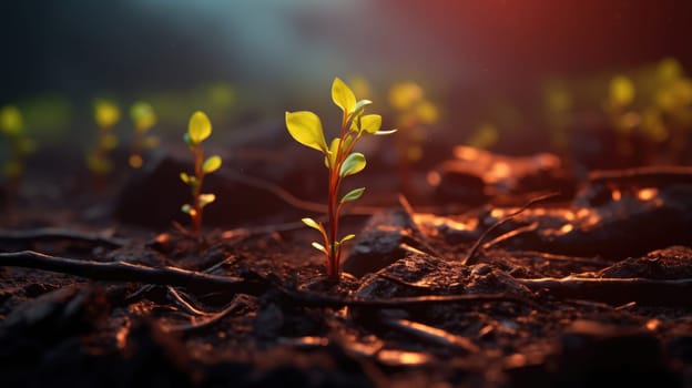 A single green shoot rises from the charred remains of a forest fire, embodying hope and renewal in nature, reminding us that even in darkness, brighter days are possible.