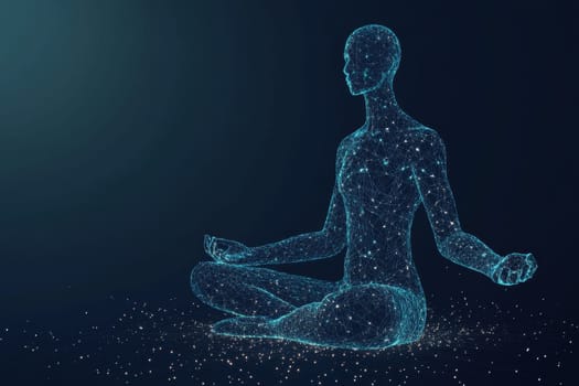 Explore a stunning holographic visualization of a human figure in a meditative pose. This artwork embodies serenity and technological innovation, perfect for wellness and digital themes.