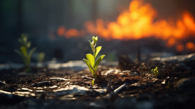 In the aftermath of a devastating forest fire, a single vibrant green shoot emerges from the charred earth, symbolizing hope, resilience, and the remarkable ability of nature to renew itself.