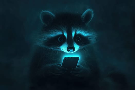 An enchanting fluffy raccoon holds a glowing smartphone with both paws, emitting a soft light in a dark, atmospheric setting, capturing curiosity and charm.