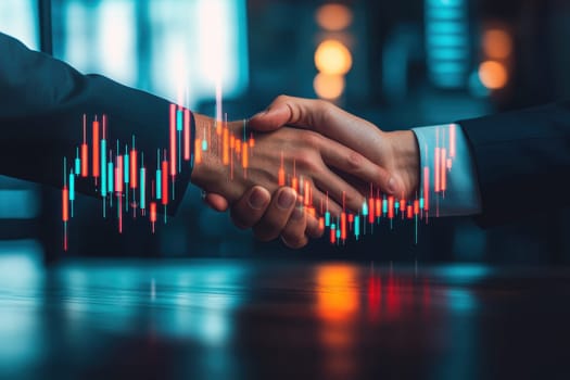 This image showcases silhouettes of business professionals engaged in a handshake, symbolizing a successful deal. Captivating visual elements represent partnership and collaboration in a corporate setting.